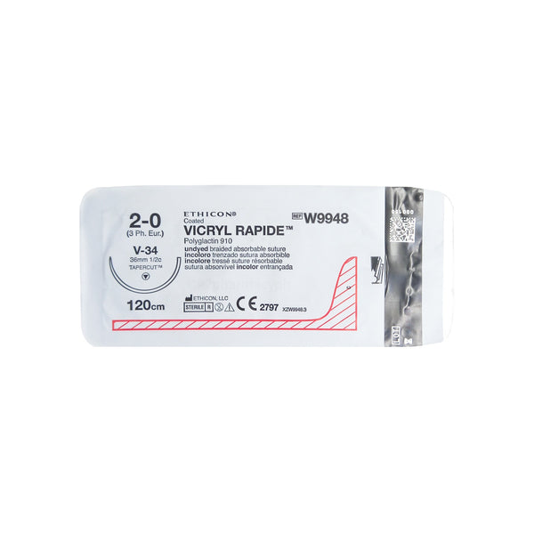 Ethicon®  Coated Vicryl Rapide™ Polyglactin 910 2-0 V-34 36mm 1/2c 120cm