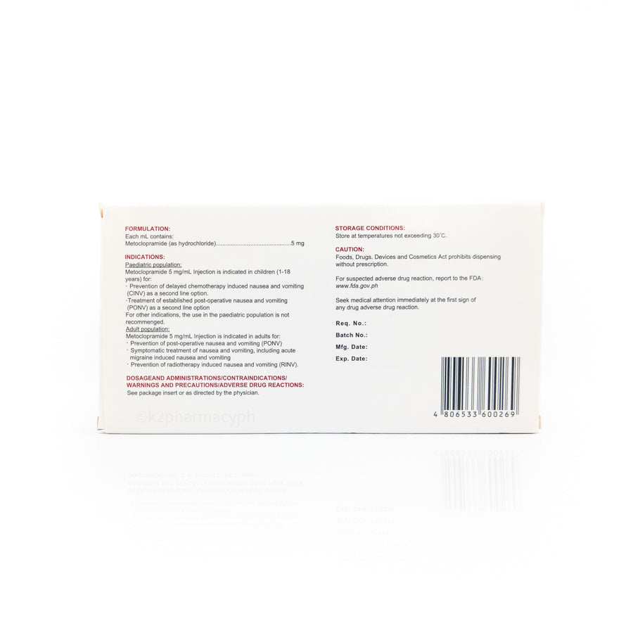 Mtoclon Inj Meclop Metoclopramide 5mg/mL Solution for Injection (I.M/I.V)