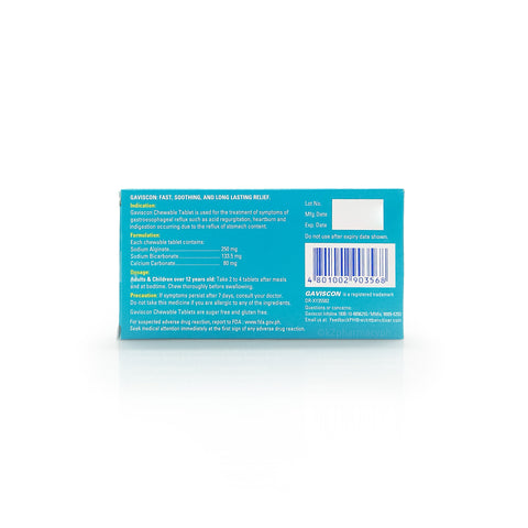 Gaviscon Sodium Alginate Sodium Bicarbonate Calcium Carbonate
250mg/ 133.50mg / 80mg/ Tablet Chewable Tablet