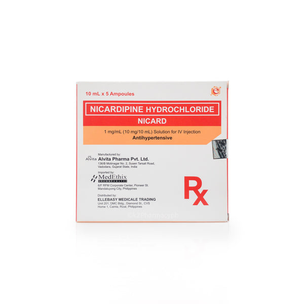 Nicard Nicardipine Hydrochloride 1mg/mL (10mg/10mL) Solution for IV Injection Ampoule