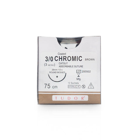 Tudor®  3/0 Chromic Brown Catgut Absorbable Suture (3metric) 26mm 1/2c Round Bodied 75cm